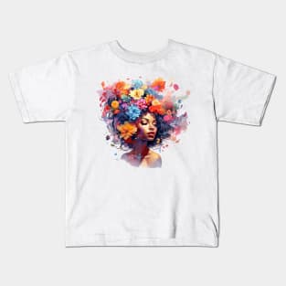 Woman with flowers on her head Kids T-Shirt